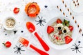 Halloween breakfast idea for kids - vampire oatmeal bowl