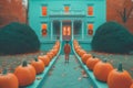 Halloween of bright colors in the style of Wes Anderson films. Teenager stands on path to a green house decorated with