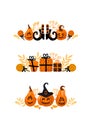 Halloween bright set vector illustration. Pumpkin jack-o-lantern, witch hat, striped stockings, shoes, lollipop, gifts Royalty Free Stock Photo