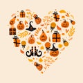 Halloween bright set vector illustration. Pumpkin jack-o-lantern, witch hat, striped stockings, shoes, lollipop, gifts, heart Royalty Free Stock Photo