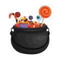 A halloween bucket with bat wings filled with sweets. Cartoon illustration of a basket for Halloween. Vector drawing for