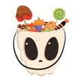 Halloween bucket in the shape of a skull filled with sweets. Cartoon illustration of a basket for Halloween. Vector