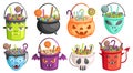 Halloween buckets. Trick or treat bags, pumpkin bucket with candies and candy hunt pack cartoon vector Illustration set Royalty Free Stock Photo