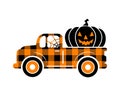 Halloween buffalo plaid truck silhouette with pumpkin. Automobile with autumn harvest isolated on white background.