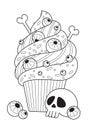 Halloween cake doodle coloring book page. Antistress for adults. Outline black and white illustration