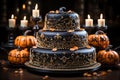 Halloween cake with pumpkins and candles on dark background. Selective focus