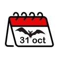 Halloween calendar simple flat icon 31st October oganiser with vampire bat, isolated on white background. Vector Royalty Free Stock Photo