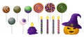 Halloween candies, lollipops, candles and pumpkin Royalty Free Stock Photo