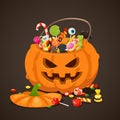 Halloween candies in pumpkin bag. Sweet lollipop candy for kids. Trick or treat, isolated children sweets vector illustration Royalty Free Stock Photo