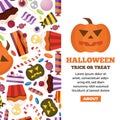 Halloween candies, vertical banner, sweets for children. pumpkin, lollipop, candy, cupcakes, cakes. cartoon flat