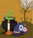 Halloween candle poisons witch bowl and hat in front of cemetery vector design