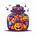 halloween candy jar with jack o lanterns and pumpkins Royalty Free Stock Photo