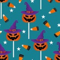 Halloween Candy seamless pattern with candy corn and lollipop. Royalty Free Stock Photo