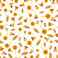 Halloween candy seamless pattern. Halloween party background with lollipops, candy corn. Different types halloween sweets Royalty Free Stock Photo