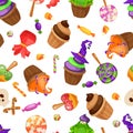 Halloween candy seamless pattern. Texture with sweets, candy corn and pumpkins on black background. Vector illustration Royalty Free Stock Photo