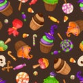 Halloween candy seamless pattern. Texture with sweets, candy corn and pumpkins on black background. Vector illustration Royalty Free Stock Photo