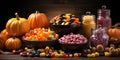 Halloween Candy Spread on Table for Trick-or-Treaters AI Generated Royalty Free Stock Photo