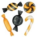Halloween candy sweets for kids set. Trick or treat entertainment in traditional October holiday colors. Candy bar