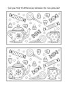 Halloween candy and tea party find the differences picture puzzle and coloring page