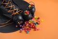 Halloween candy in trick or treat carry cauldrons with witches hat Royalty Free Stock Photo