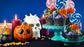 Halloween candyland drip cake style cupcakes with candy on blue background. Royalty Free Stock Photo