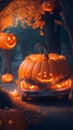 Halloween car. car designed in steampunk style of pumpkin. Scary road trip. advert, poster, shop sign.( wallpaper ) Royalty Free Stock Photo