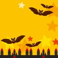 Halloween card banner design for text With Castle Pumpkin, stars, bats, night sky, black yellow orange red background. Vector Royalty Free Stock Photo