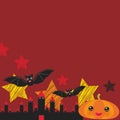 Halloween card banner design for text With Castle Pumpkin, stars, bats, night sky, Black yellow orange red burgundy. Vector Royalty Free Stock Photo