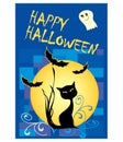 Halloween card with black cat, ghost and bats