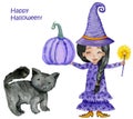 Halloween card. Black-haired witch in a purple dress. Magic wand and violet pumpkin in her hands. Black cat.