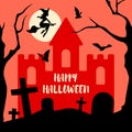 Halloween card with castle, bats and witch in the sky, graves among trees Royalty Free Stock Photo