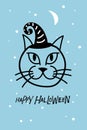 Halloween card with cat muzzle in Witch hat cap and Happy Halloween text. Black linear cute kitten sketch and hand drawn Royalty Free Stock Photo