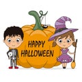 Halloween card. Children dressed as witch and skeleton next to a pumpkin