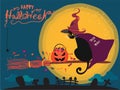 Halloween card with cute black cat riding on a witch broom Royalty Free Stock Photo