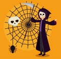 Halloween card with death disguise and spider web