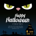 Halloween card with enchanted castle and eyes cat