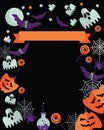 Halloween card with flat holiday icons on a black background. Vector illustration. Royalty Free Stock Photo