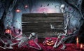 Halloween Card In Forest With Wooden Sign Board Royalty Free Stock Photo