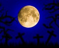 Halloween card with full moon, crosses, tree branches and bats