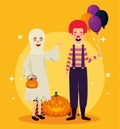 Halloween card with ghost disguise and clown