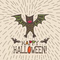 Halloween card with hand drawn bat in cute cartoon characters Royalty Free Stock Photo
