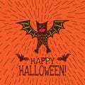 Halloween card with hand drawn bat in cute cartoon characters Royalty Free Stock Photo