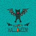 Halloween card with hand drawn bat in cute cartoon characters Royalty Free Stock Photo