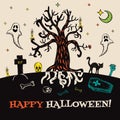 Halloween card with hand drawn cemetery landscape and scary elements
