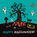 Halloween card with hand drawn cemetery landscape and scary elements