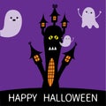 Halloween card. Haunted house silhouette with eyes, windows and flying transparent ghost spirit. Boo Funny Cute cartoon baby chara Royalty Free Stock Photo