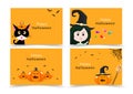 Halloween card, invitation greeting, happy cat, witch, candy and pumpkin party banner kids collection, cartoon flat design cute Royalty Free Stock Photo