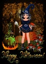 Halloween card, Little cute witch with spoon, amanita cooks a potion, vector Royalty Free Stock Photo