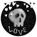 Halloween card. Love, grey scull and hearts.