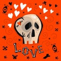 Halloween card. Love, grey scull and hearts.